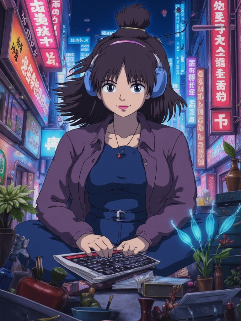 ghibli style cyberpunk hacker neon lit tokyo