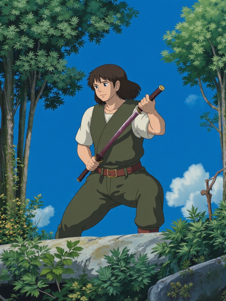 ghibli style samurai warrior training bamboo